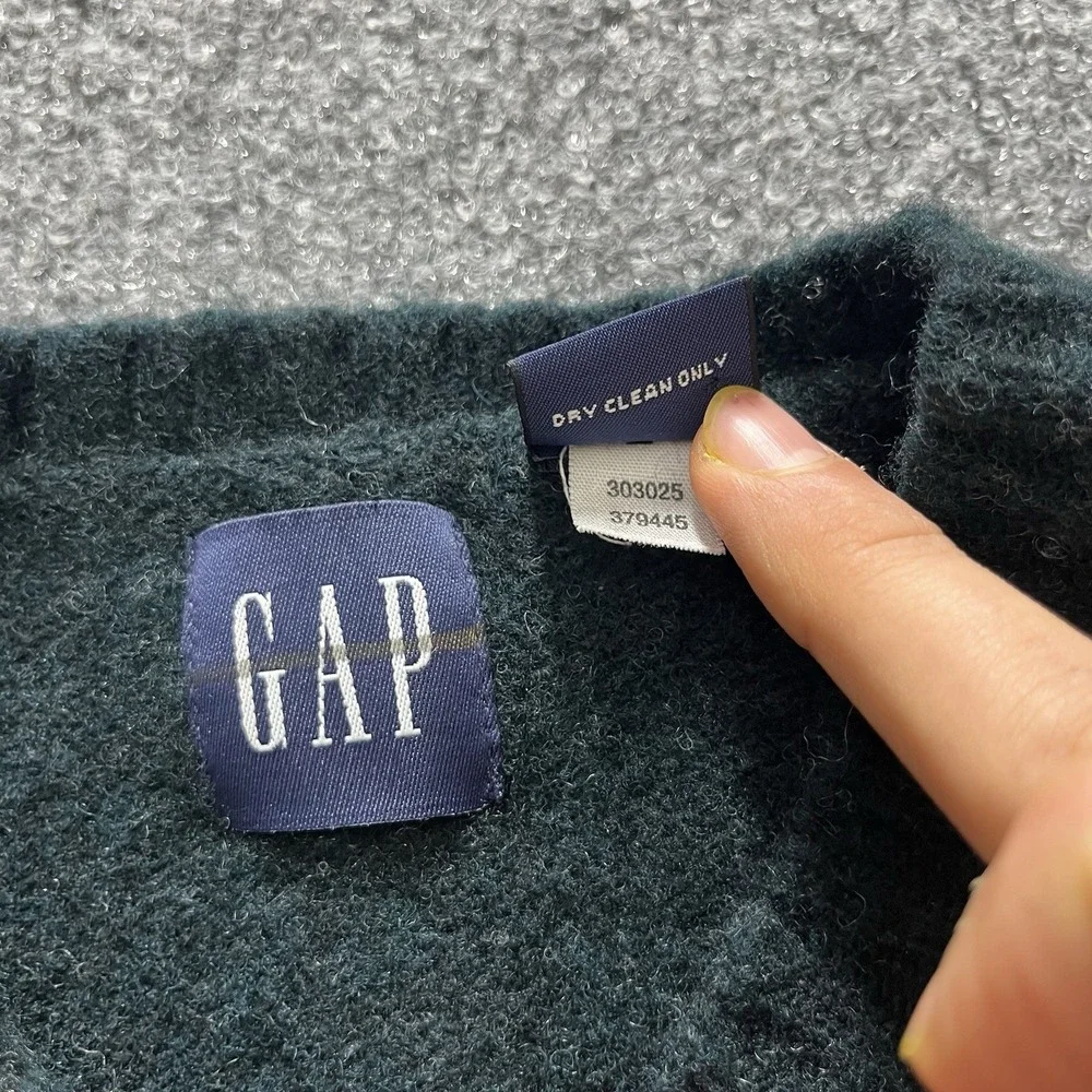 VTG GAP V-Neck Sweater Mens Small Green Striped 100% Lambs Wool Pullover Y2K